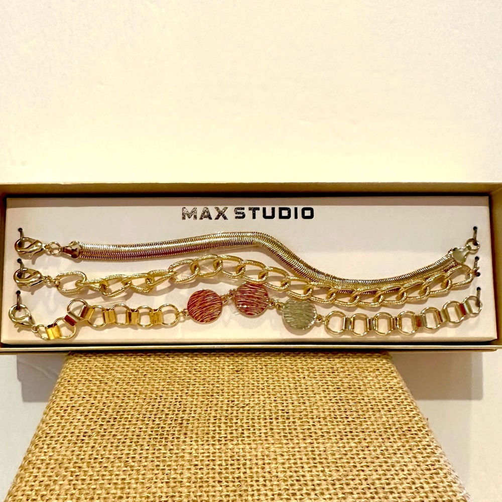 New in Box Set of 3 Bracelets by Max Studios, gold tone chains
